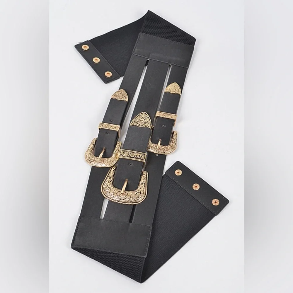 Vegan Leather Triple Buckle Western Corset Statement Belt